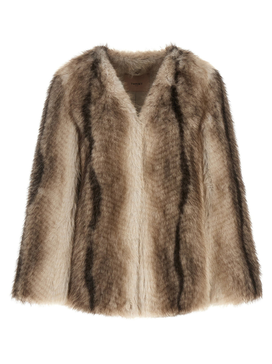 Twin Set Eco-Fur Hood Cape Coat — Beige