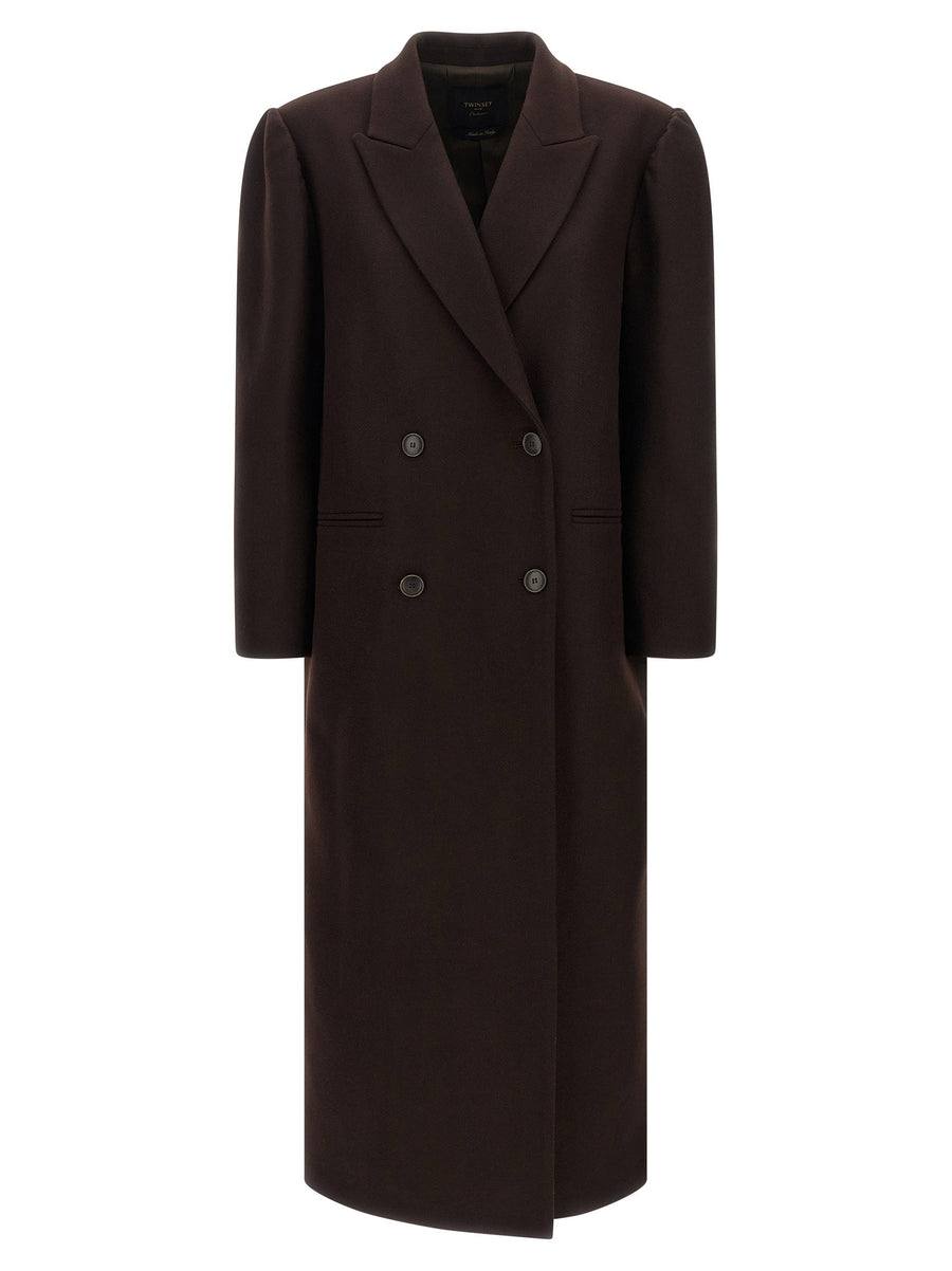 Twin Set Double-Breasted Wool Blend Coat — Brown