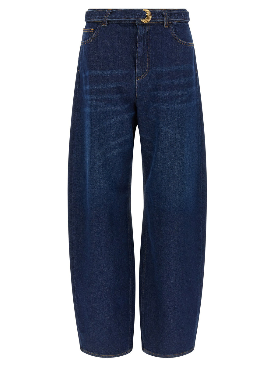Twin Set High-Waist Barrel Silhouette Jeans — Navy