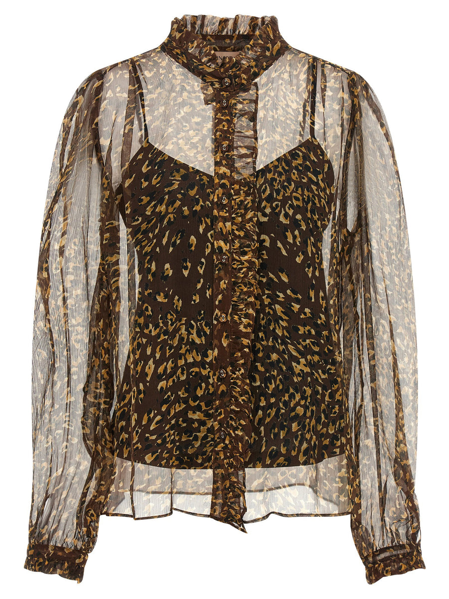 Twin Set Animal-Print Silk Creponne Blouse — Brown