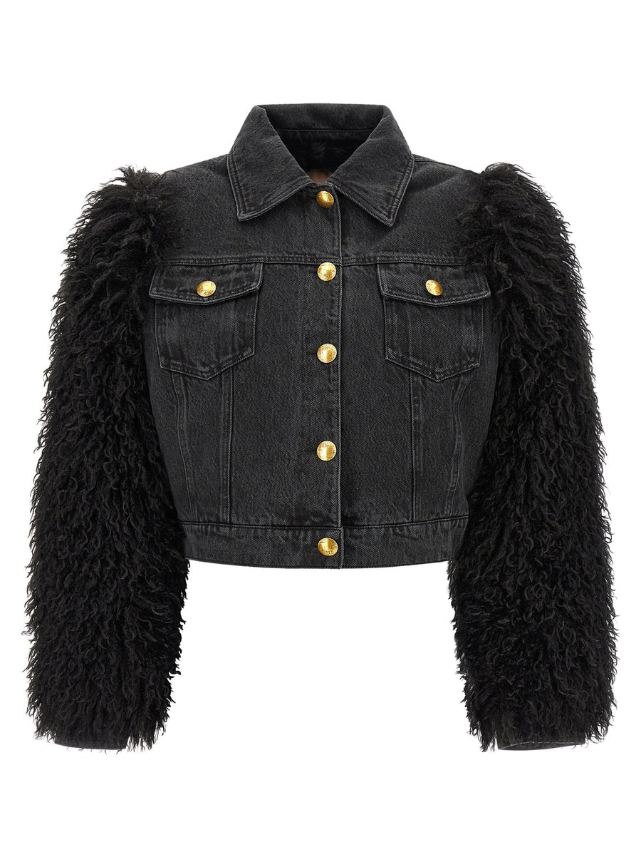 Twin Set Shearling-Sleeve Denim Jacket — Black