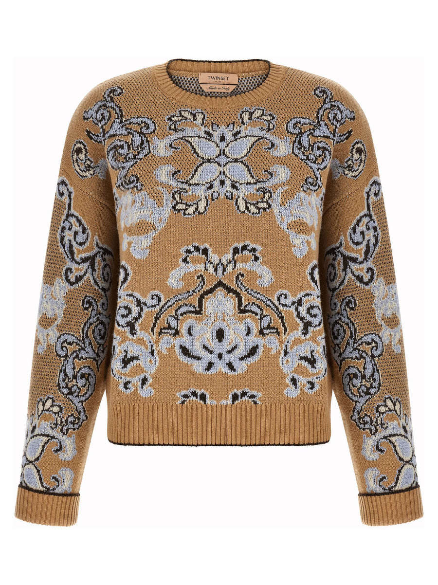 Twin Set Jacquard Tapestry Wool Blend Sweater — Tan