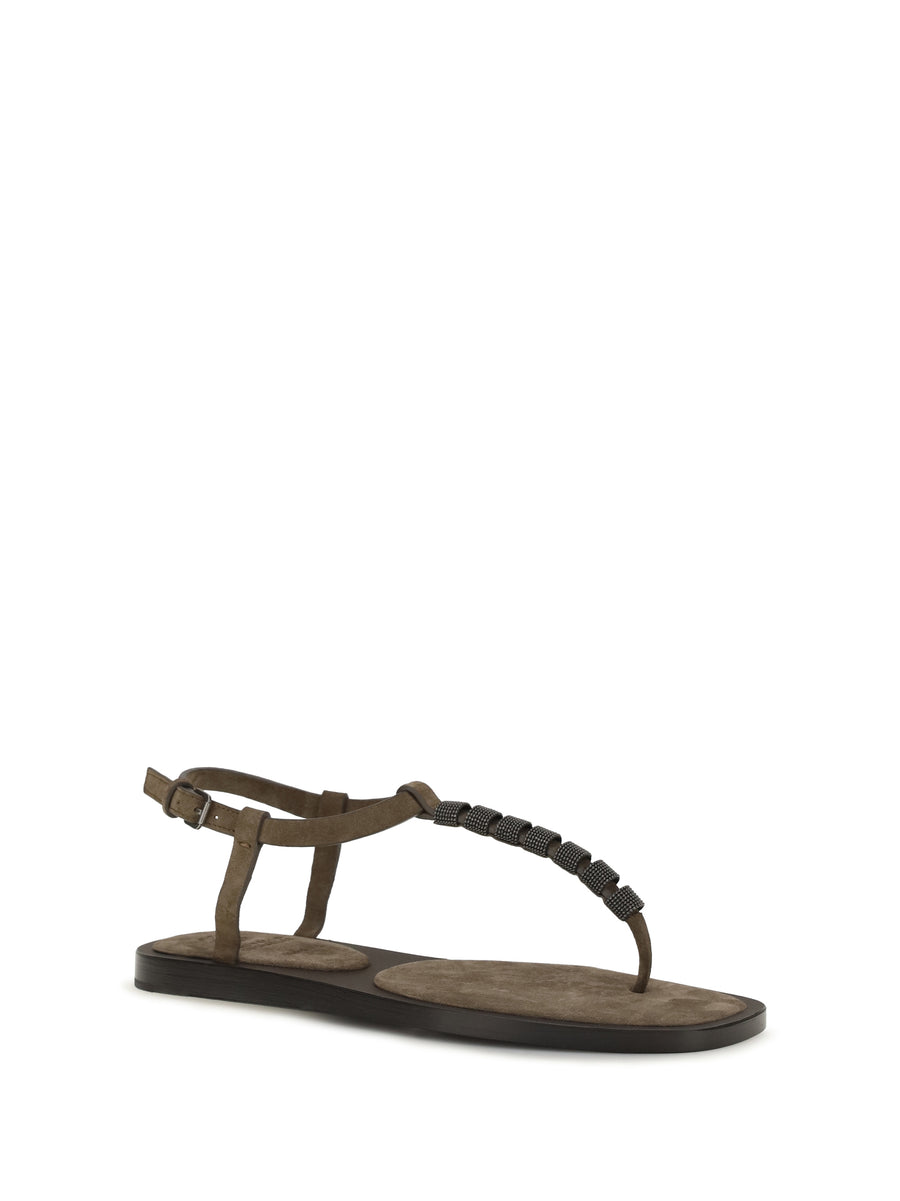 Sandals Embellished T-Strap Calfskin Brown