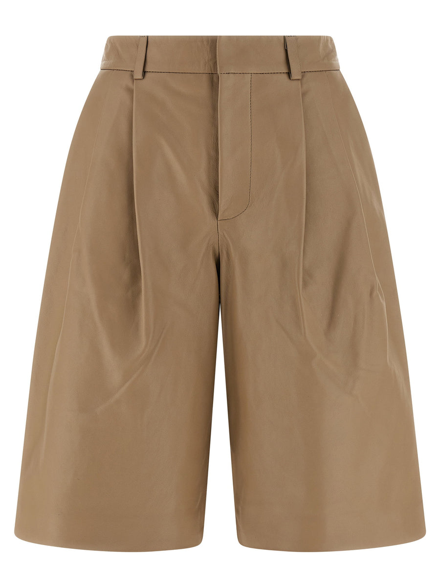 Yves Salomon Nappa Pleated Bermuda Shorts — Beige