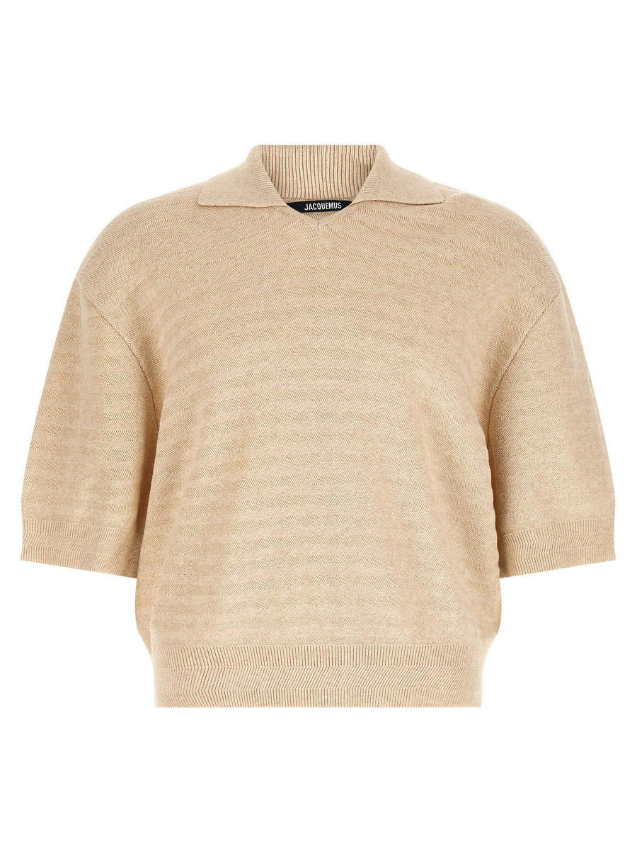 Jacquemus Chevron-Knit Cotton-Silk Blend Polo Shirt — Beige