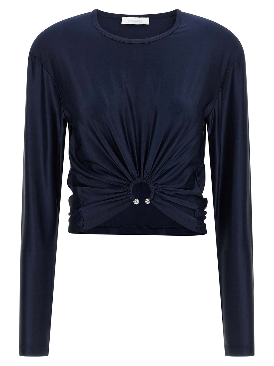 Paco Rabanne Crystal-Embellished Satin Blouse — Navy