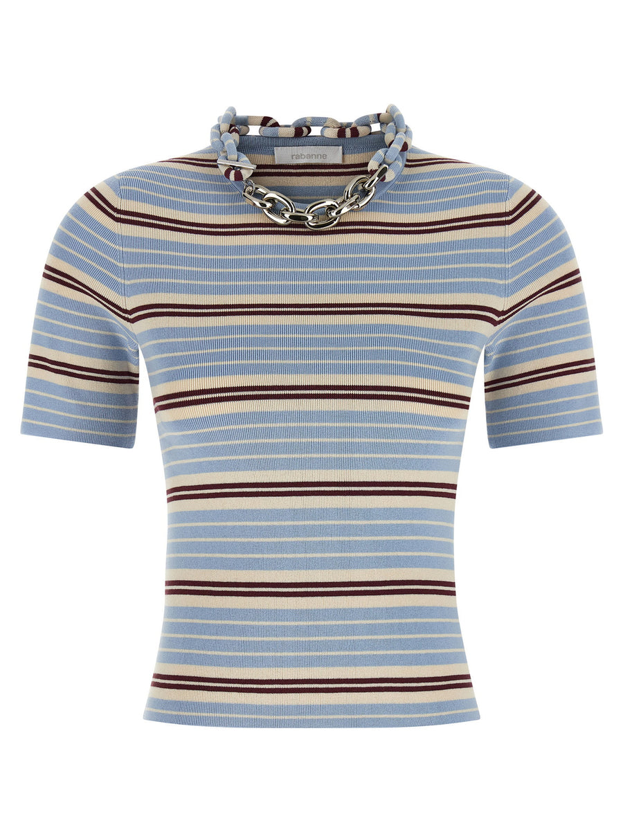 Paco Rabanne Chain-Embellished Striped T-Shirt — blue