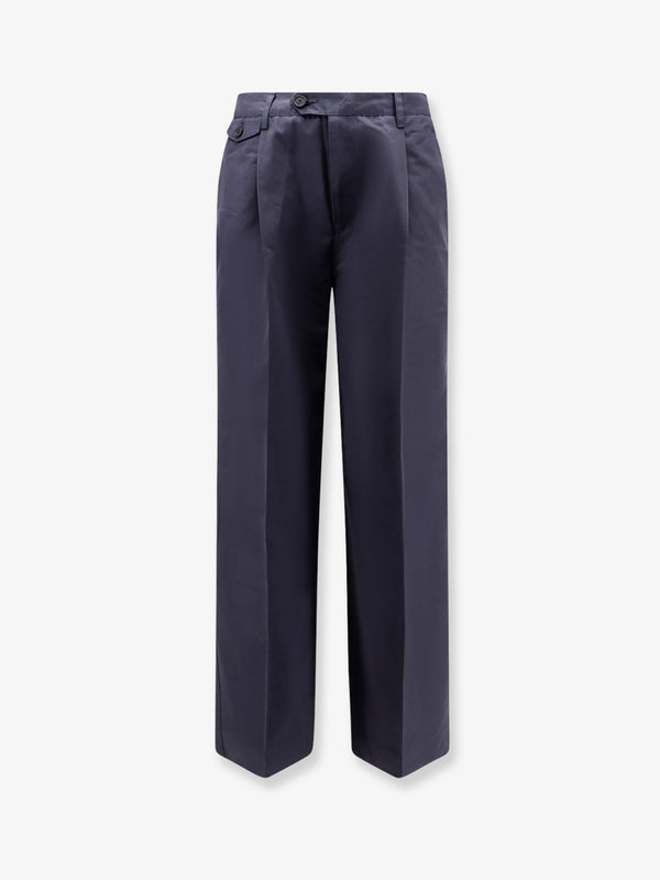 Pleated Chino Slacks Trousers Blue Cotton