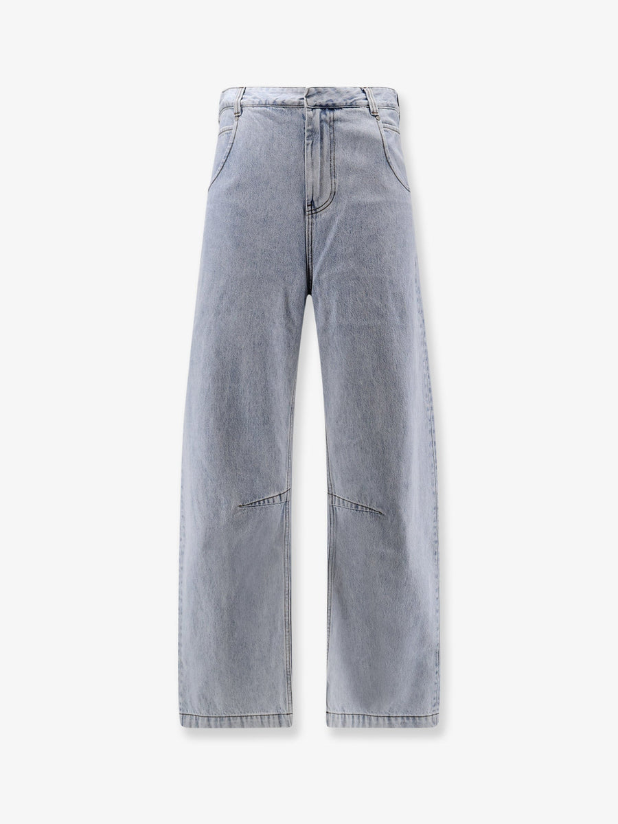 Cotton Jeans With Back Leather Logo Patch Blue
