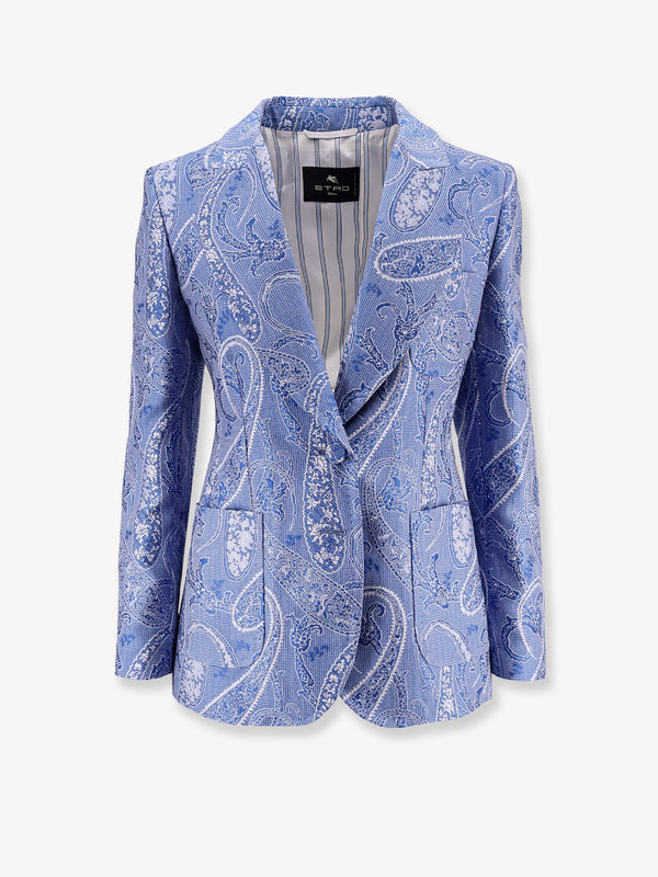 Silk Blend Single-Breasted Blazer Blue Polyester Blazers