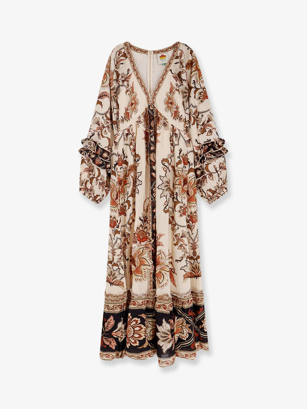 V-Neck Maxi Dress With Ruffles Beige Viscose