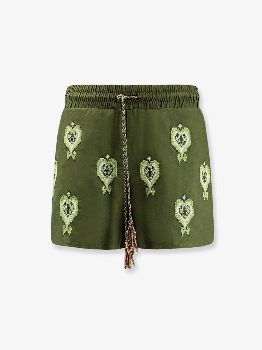 Green Heart Tapestry Embroidered Shorts Linen