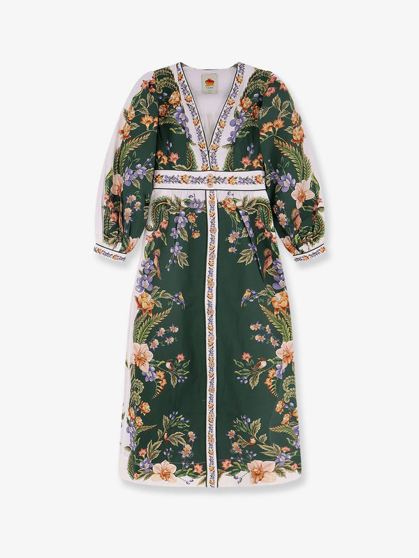 Long Cotton Dress With Floral Print Green