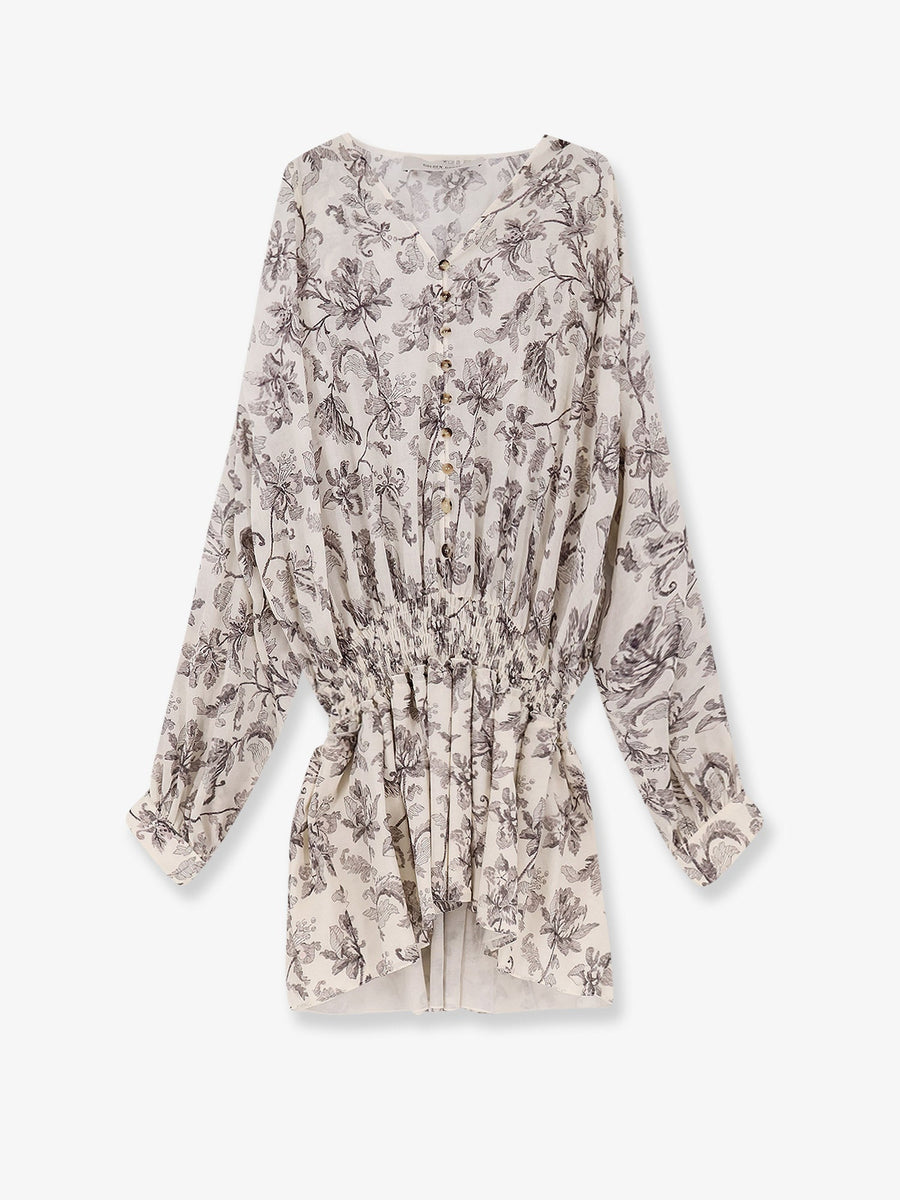 Short Cotton Dress With Floral Pattern Beige