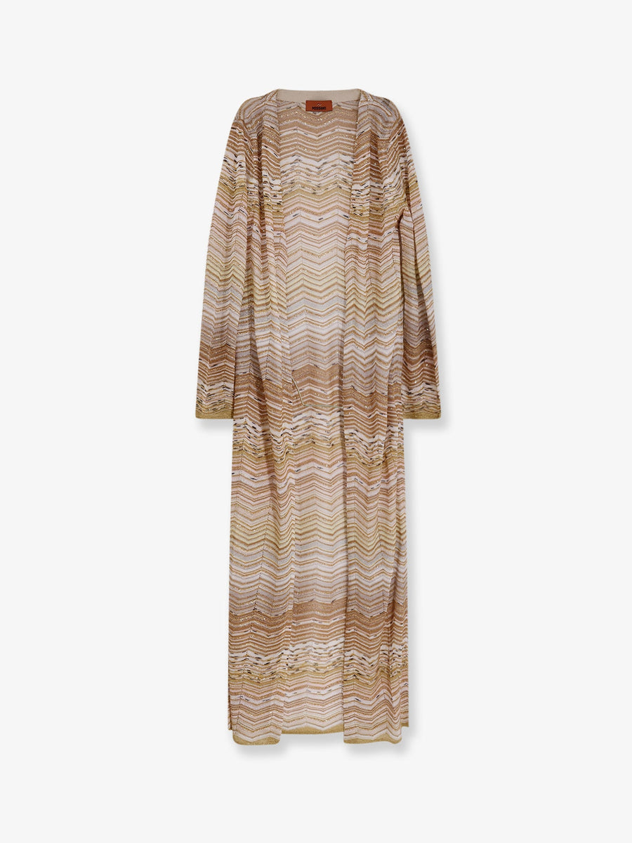 Long Chevron Motif Cardigan With Sequins Gold Viscose