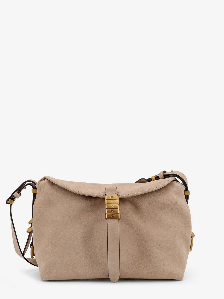 Leather Shoulder Bag With Metal Logo Detail Beige Suede