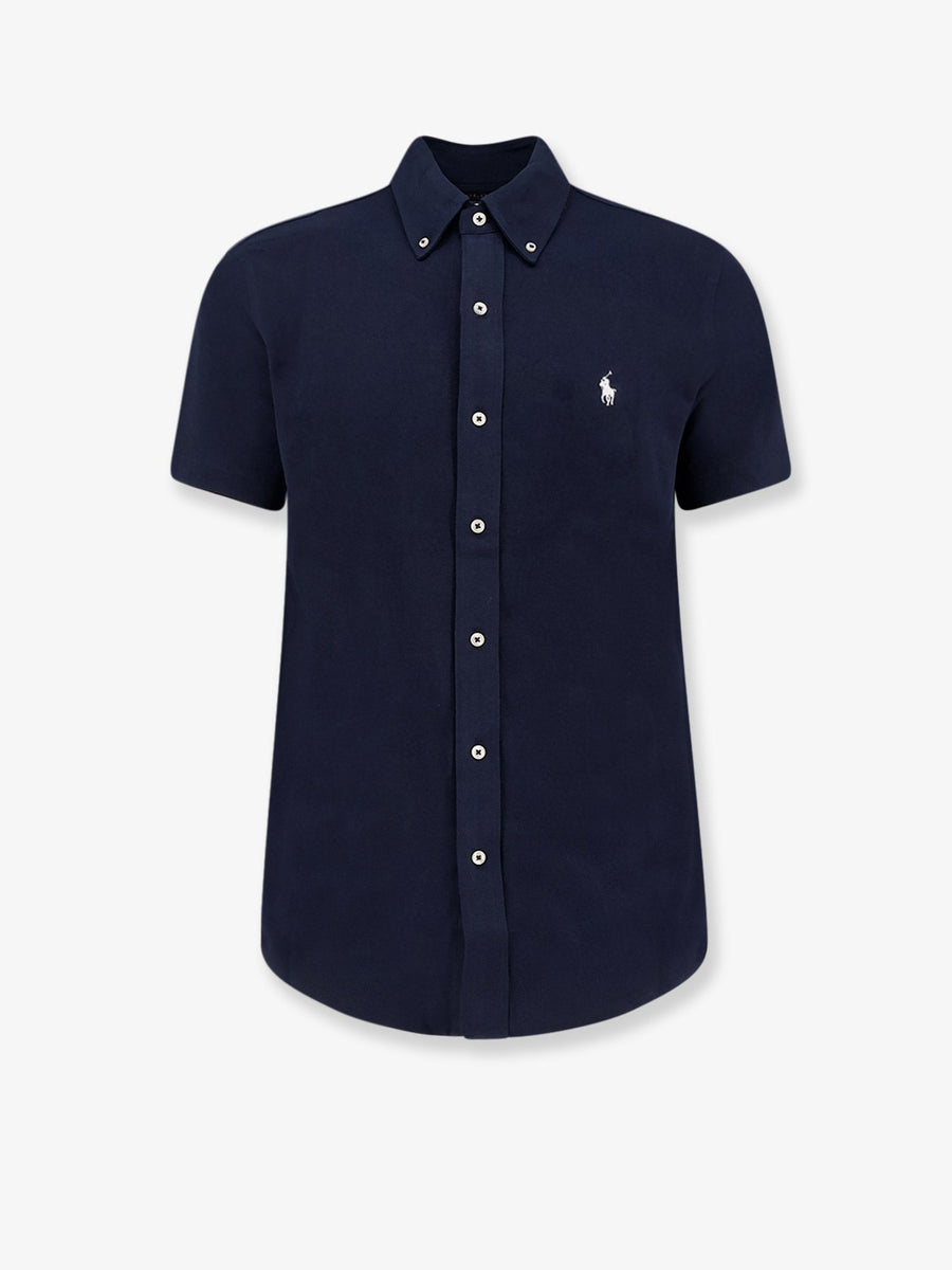 Cotton Shirt With Front Embroidered Logo Blue