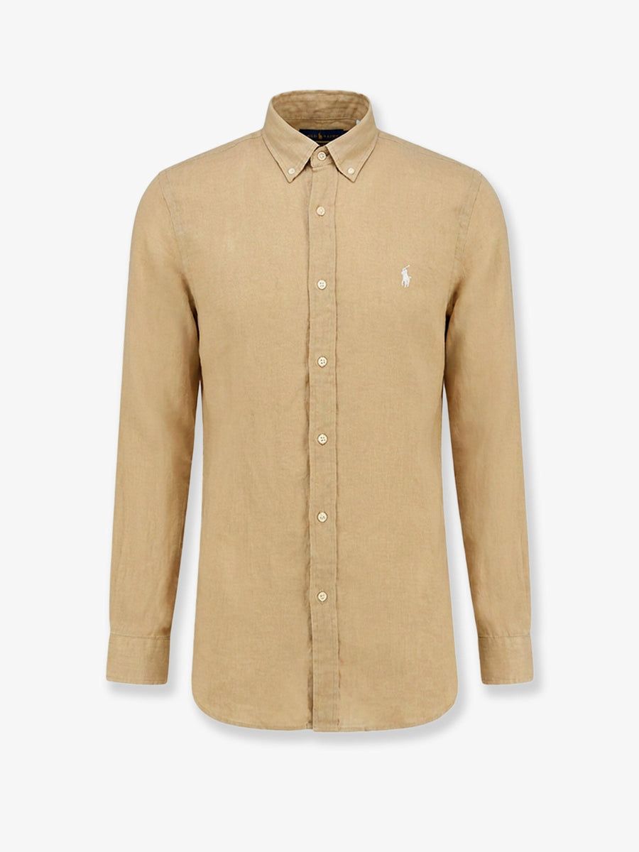 Linen Shirt With Logo Embroidery Beige