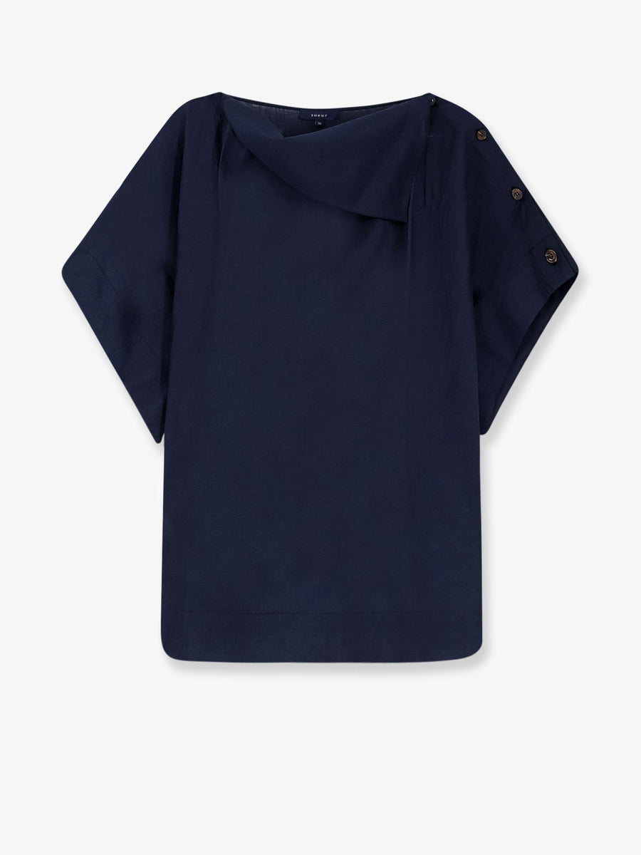 Linen Blend Top With Asymmetrical Detail Blue T-shirts & Jerseys