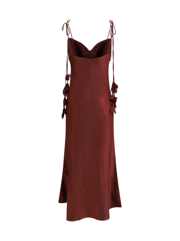 Midi Dress Satin Flower Burgundy Polyester