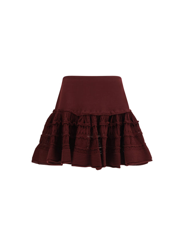 Mini Skirt Crinoline Ruffle Burgundy Wool (ovis Aries)