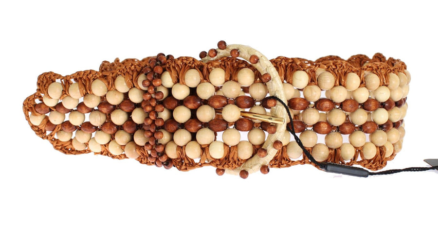 Brown Raffia Wood Beaded Wide Waist Belt Viscose