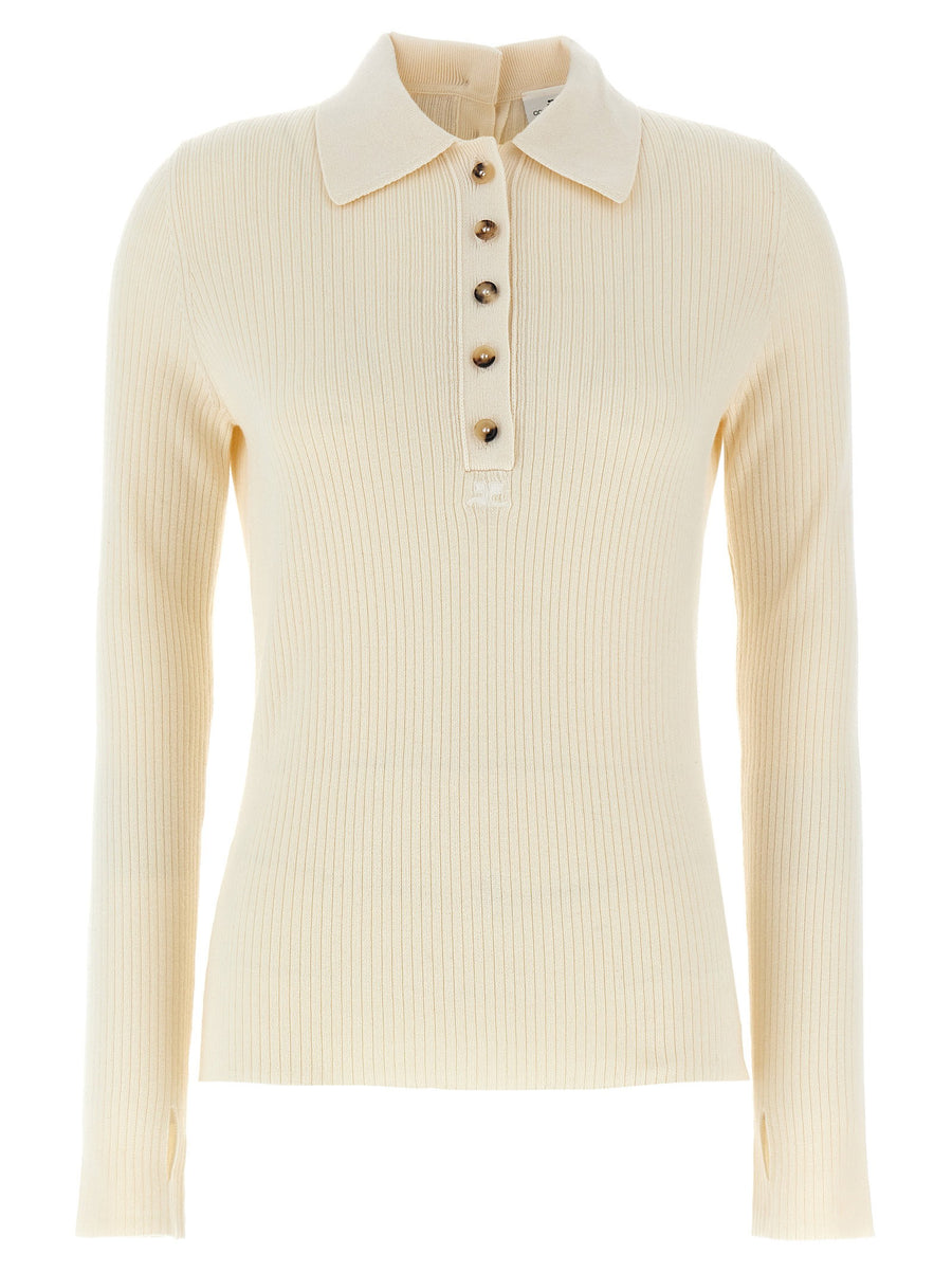 Courreges Ribbed Cotton-Wool Blend Polo — Cream