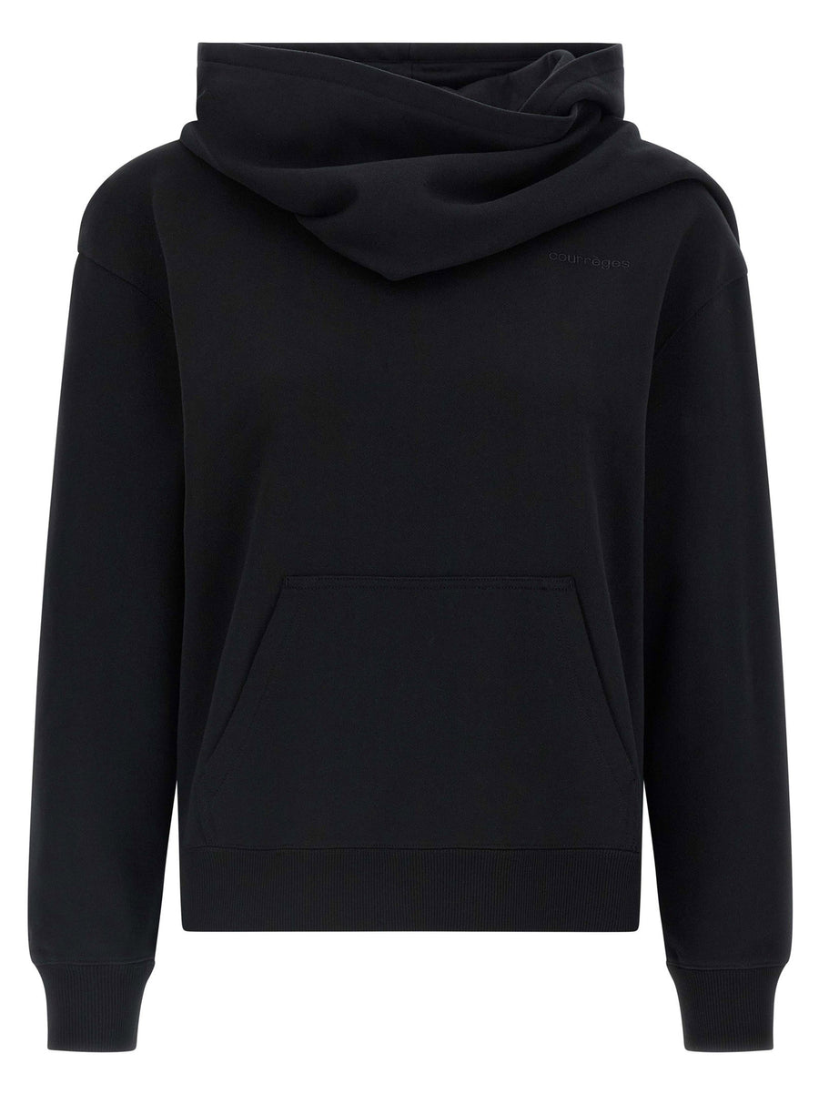 Courreges Brushed Cotton with Tone-on-Tone Embroidery Hoodie — Black