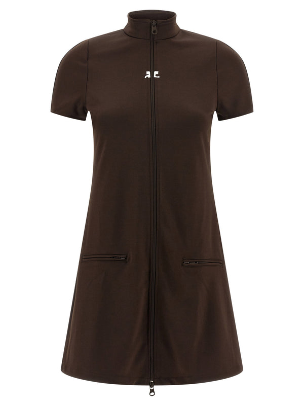 Courreges Logo-Embroidered Jersey Mini Dress — Brown