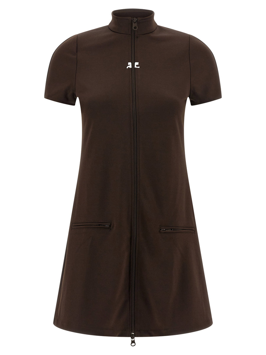 Courreges Logo-Embroidered Interlock Dress — Brown