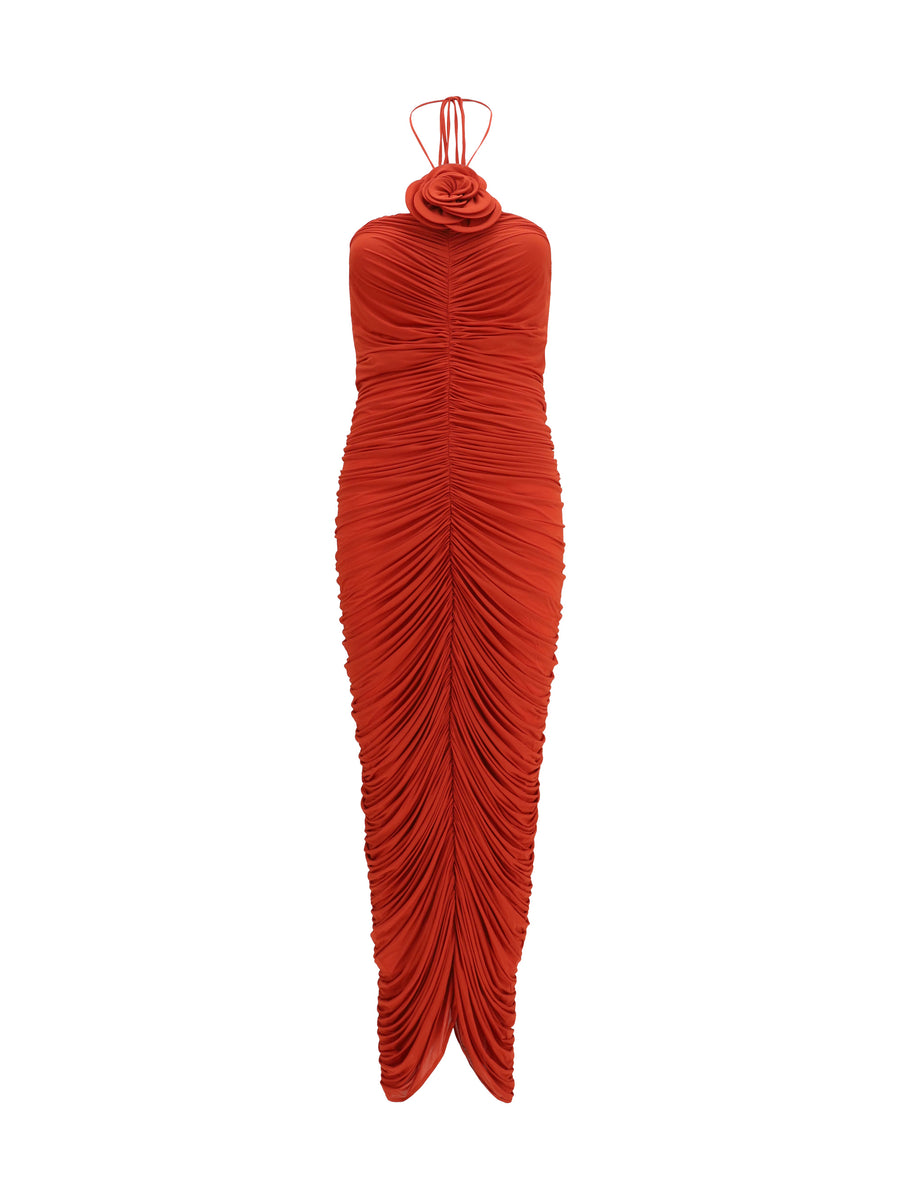 Halterneck Dress With Floral Applique, Red Viscose
