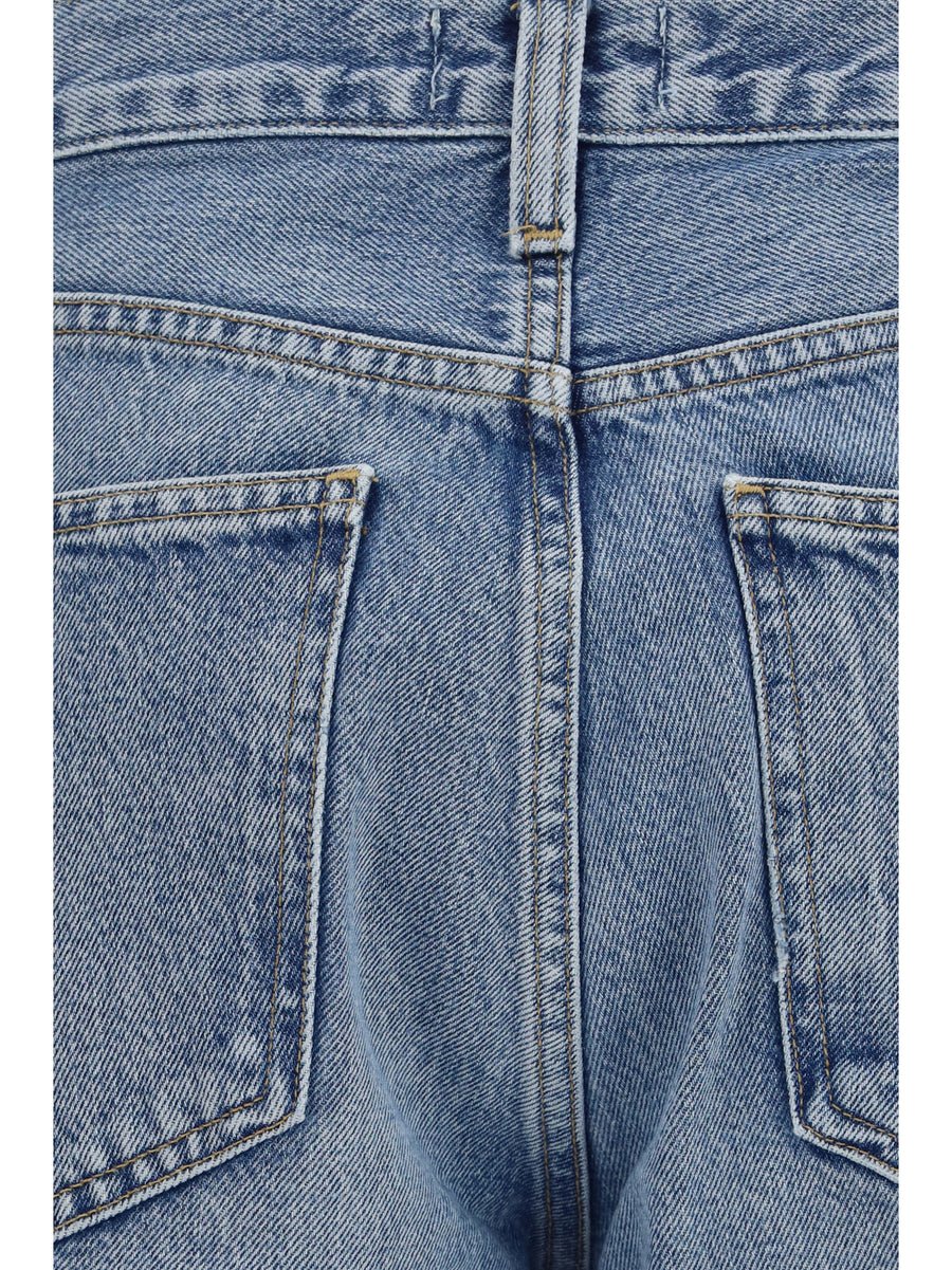 Wide-Leg Creased Jeans Blue Cotton