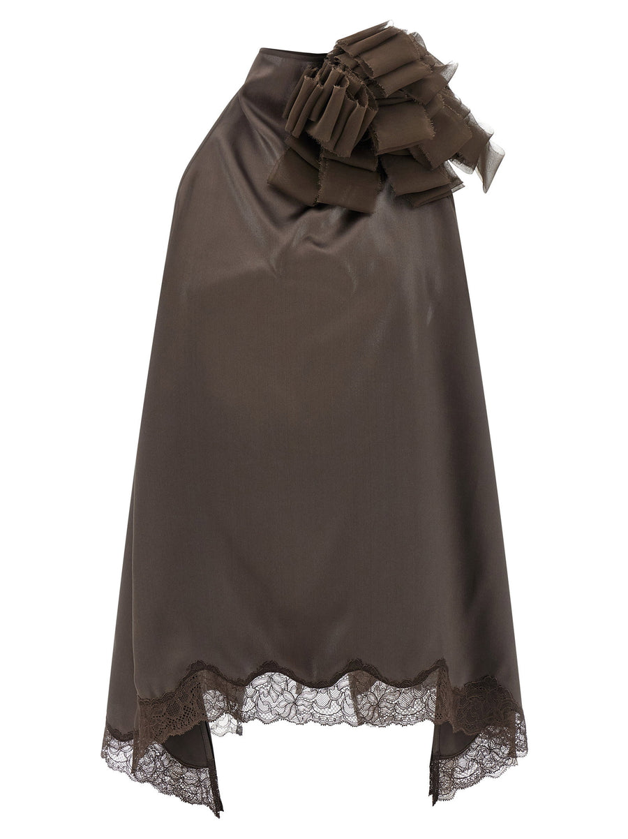 Magda Butrym Silk Satin with Lace Inserts Blouse — Brown