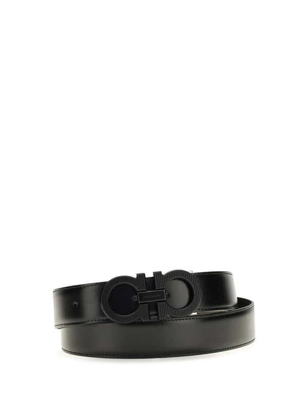 Reversible Adjustable Belt With Textured Gancini Buckle Black Bicoloured Green Calf Leather Bos Taurus E Braces