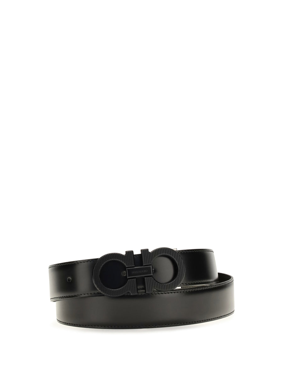 Reversible Adjustable Belt With Textured Gancini Buckle Black Bicoloured Green Calf Leather Bos Taurus E Braces