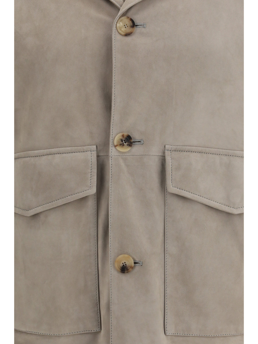 Suede Jacket Khaki Calf Leather Padded & Down