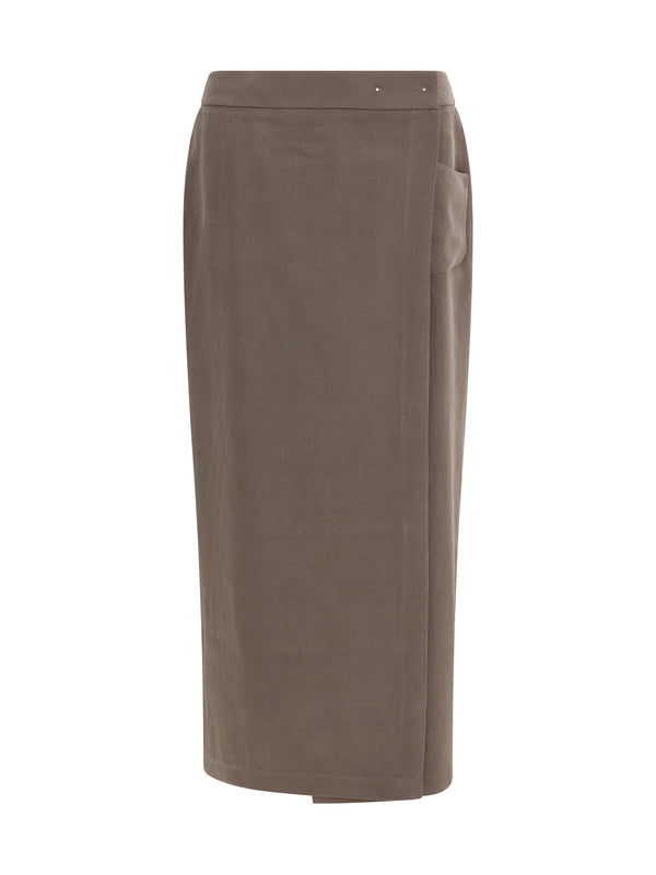 Silk And Wool Wrap Long Skirt With Patch Pocket Mud