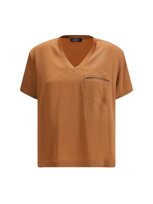 Short-Sleeved V-Neck T-Shirt Beige Viscose T-shirts & Jerseys