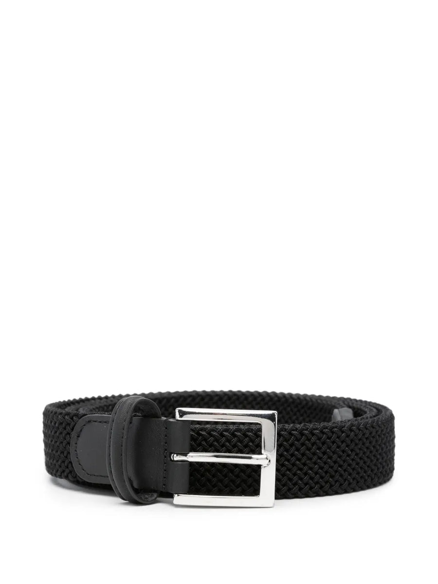 Kiton Braided fabric with leather trim belt in black