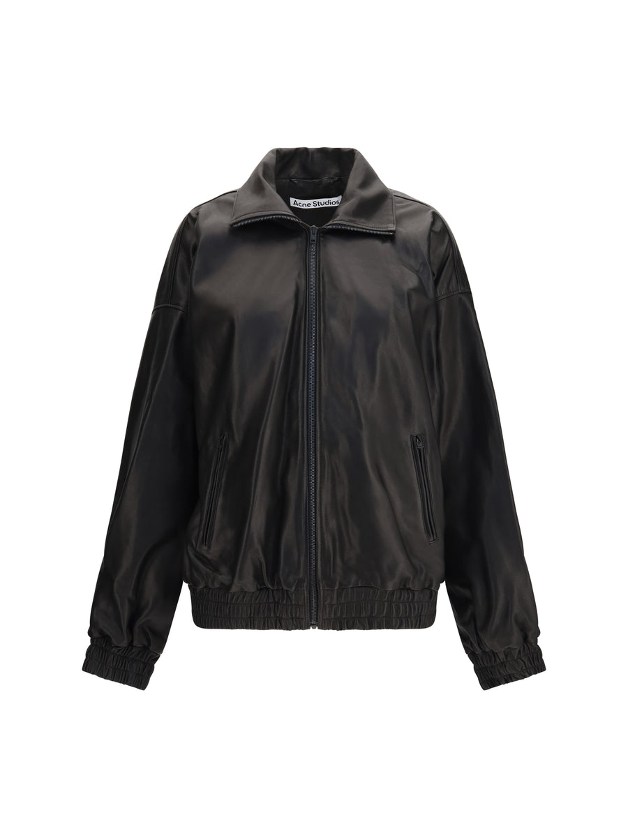 Leather Jacket High Collar Black Lambskin Puffer