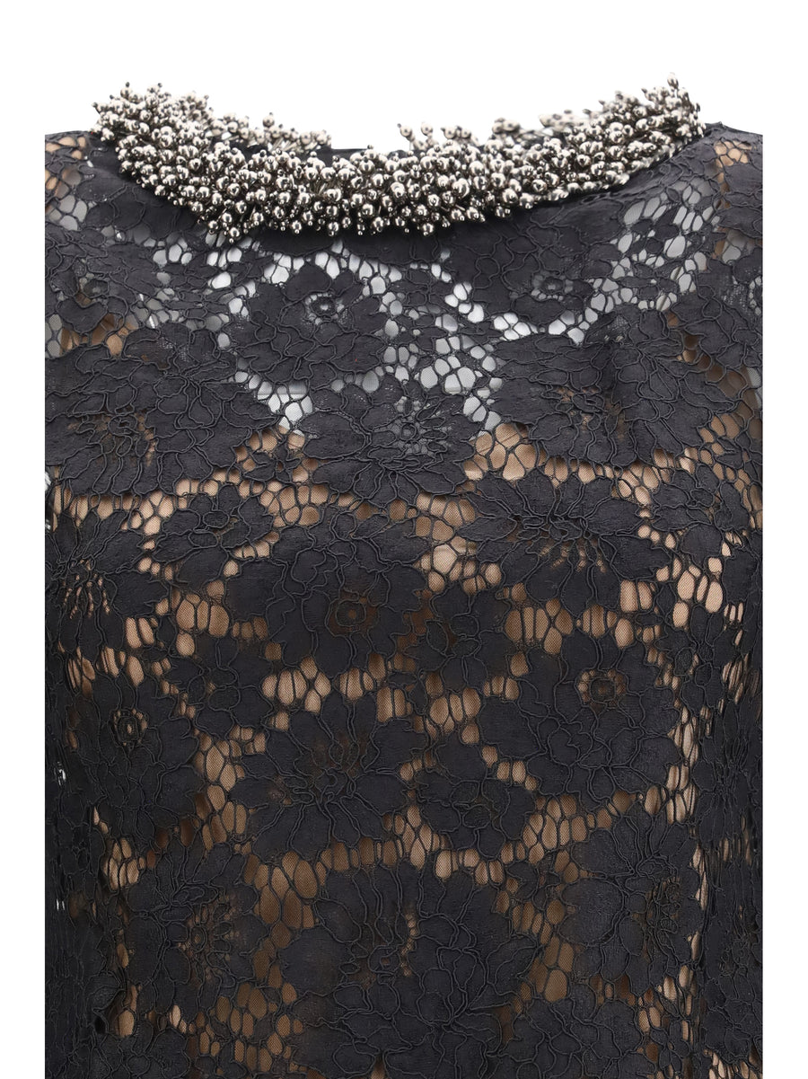 Dress, Lace Long-Sleeve Mini — Black Polyamide