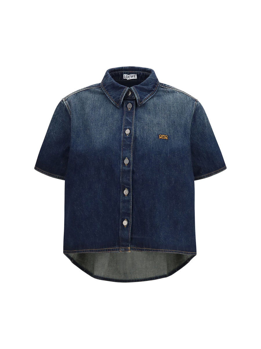 Short Sleeve Denim Trapeze Shirt Dark Blue Cotton