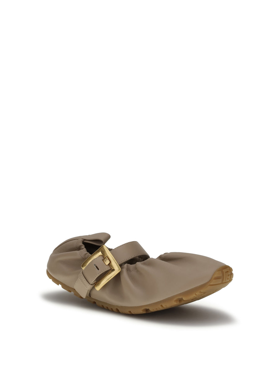 Ballerina Flats Buckle Strap Calf Leather Beige Shoes