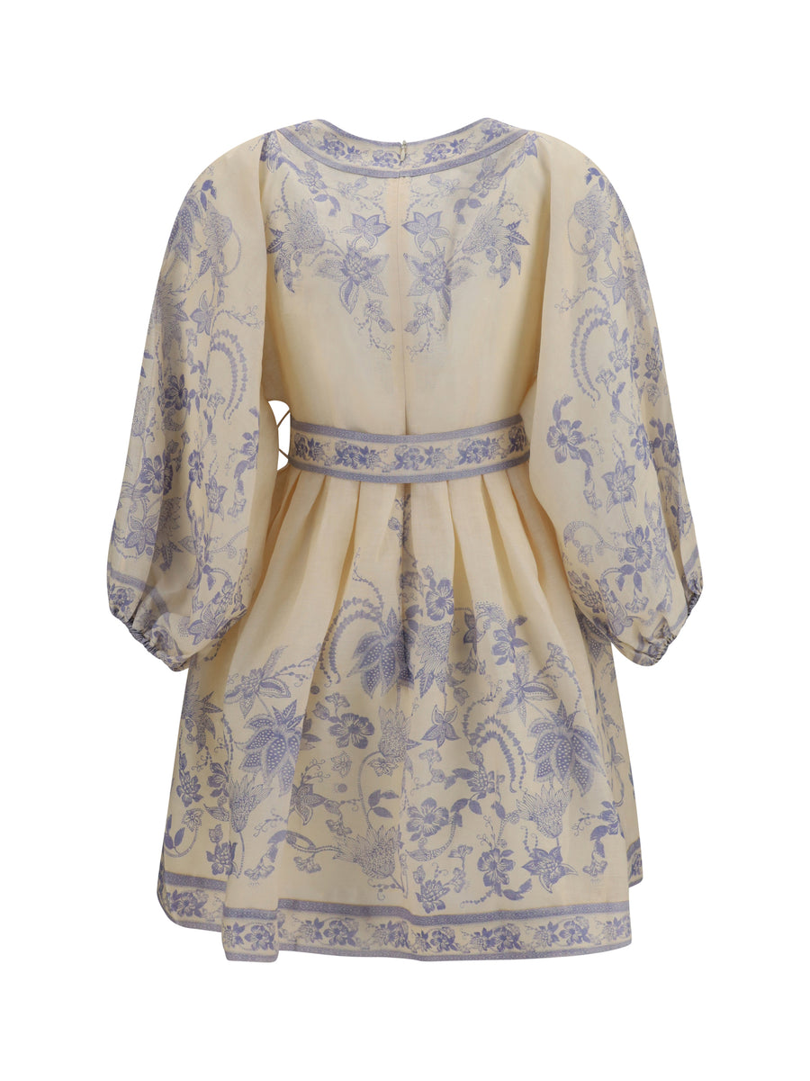 Mini Dress Indra Plunge Cream Lilac Floral Linen