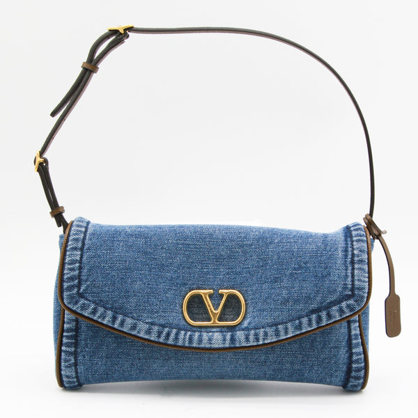 Valentino Garavani Denim with leather trim shoulder bag in blue