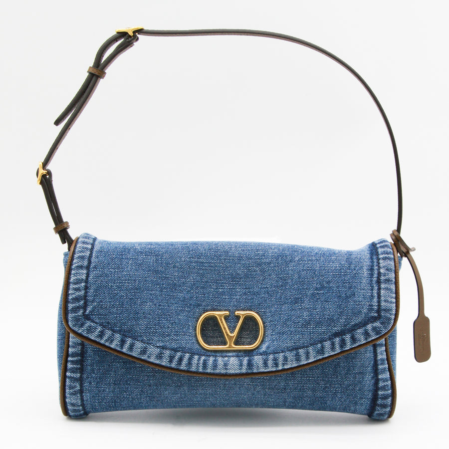 Valentino Garavani Denim with leather trim shoulder bag in blue