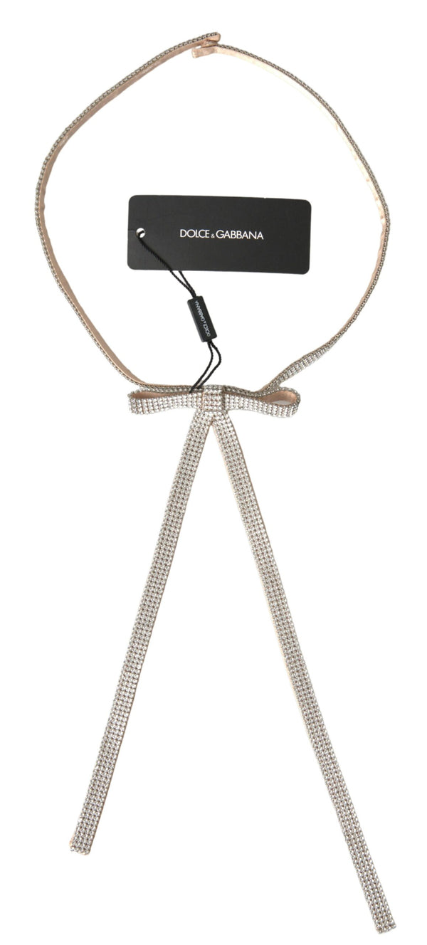 Beige Silk Clear Crystal Bow Waist Belt Elastane
