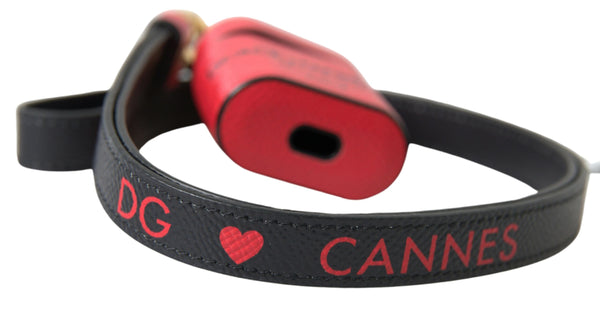 Red Black Calf Leather Logo Print Strap Airpods Case And Accessory