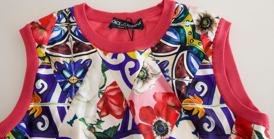 Multicolor Majolica Floral Crew Neck Tank Top Cashmere Silk Nylon