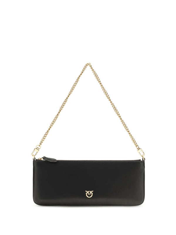 Horizontal Flat Leather Shoulder Bag Nero-antique Gold